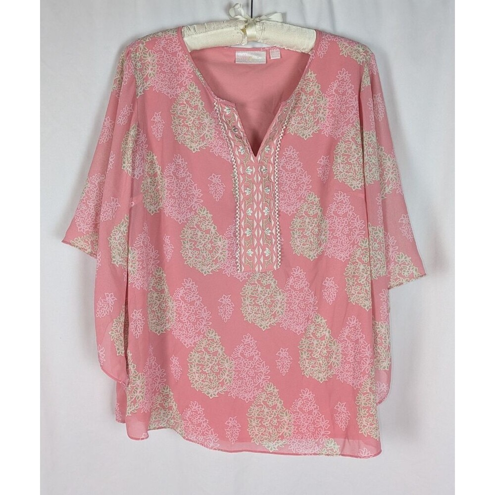 Belle by Kim Gravel Pink Floral Medallion Printed 3/4 Flutter Sleeve Blouse M